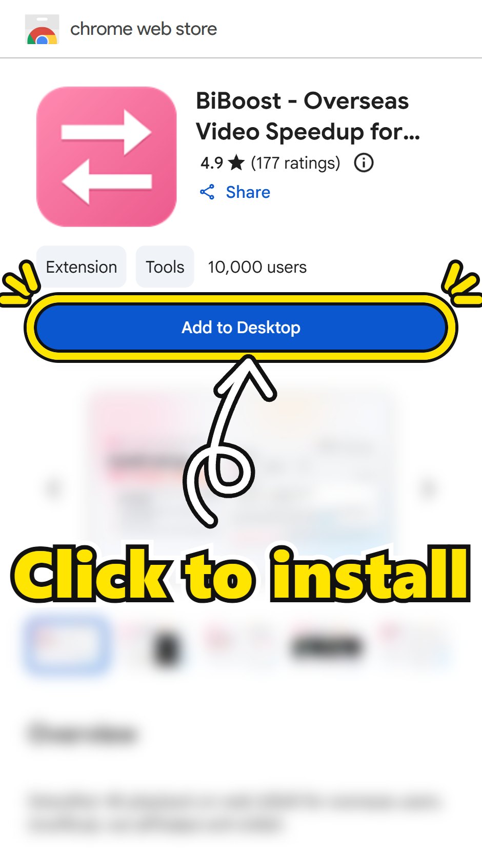 The extension's Chrome Web Store page with the Add to Desktop install button highlighted in yellow