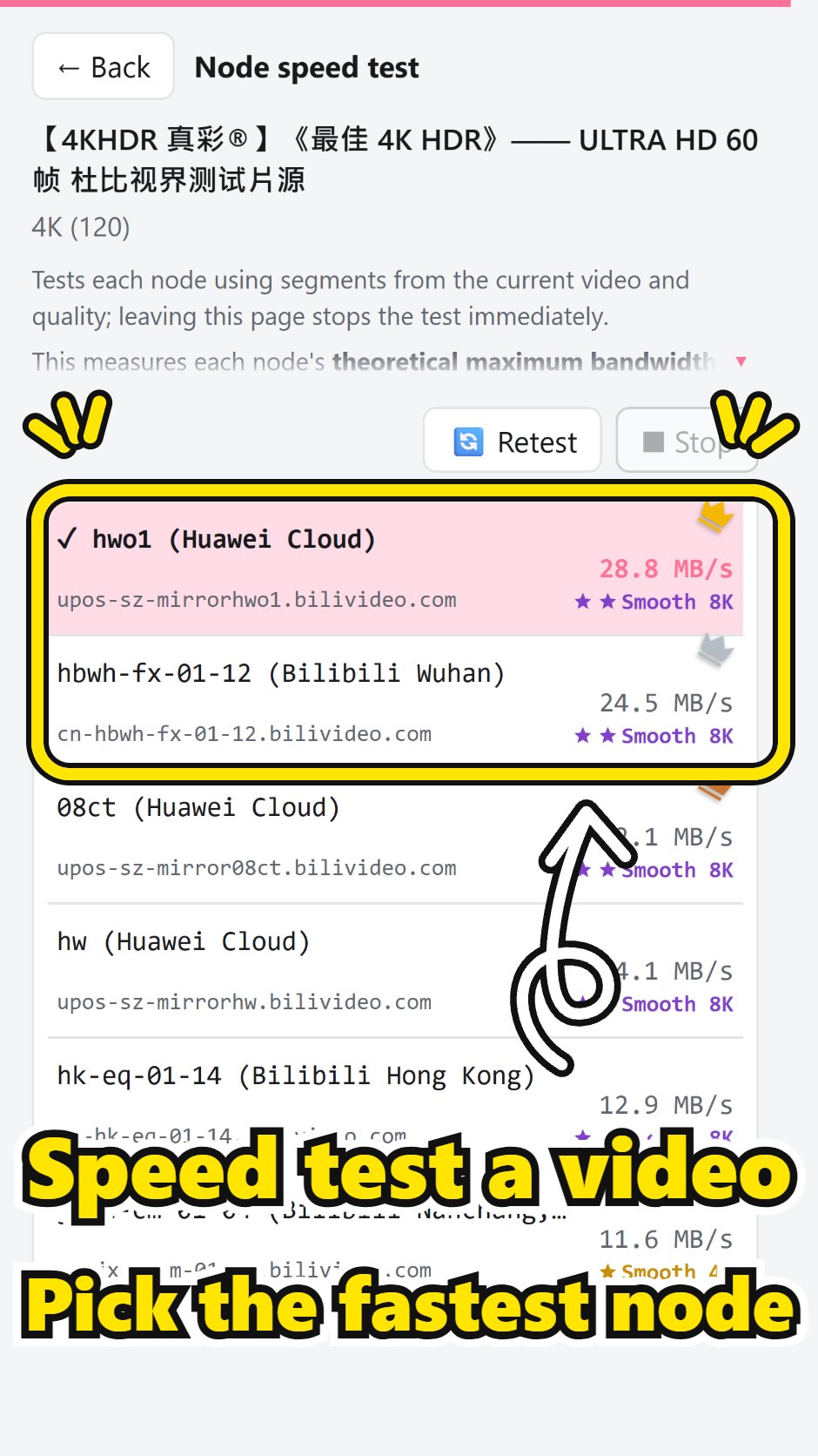 The extension's node speed test, with the two fastest nodes highlighted in yellow