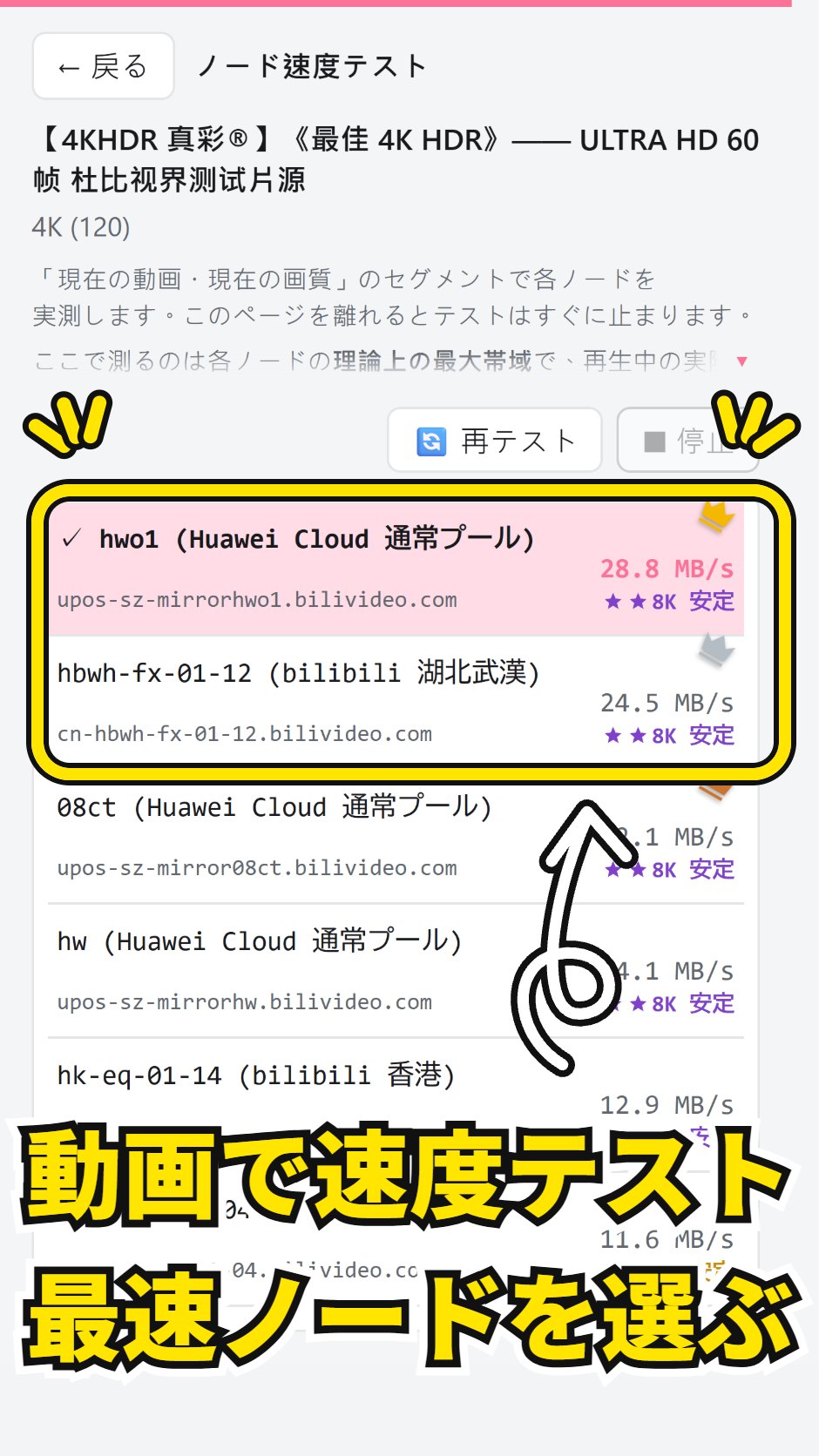 拡張機能のノード速度テスト画面。黄色の枠が一番速かった 2 つのノード