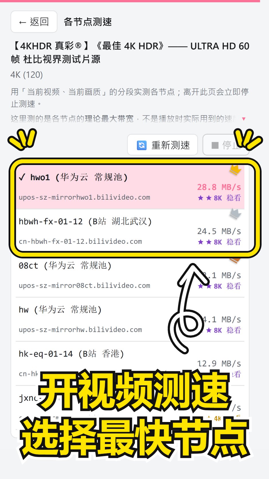扩展的各节点测速画面,黄框框住测出来最快的两个节点