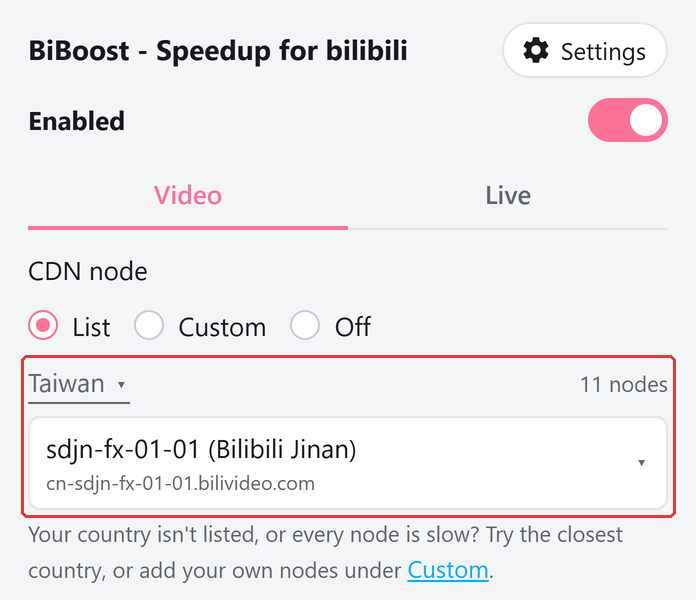 Extension popup with Taiwan selected automatically and cn-sdjn-fx-01-01 as the default node